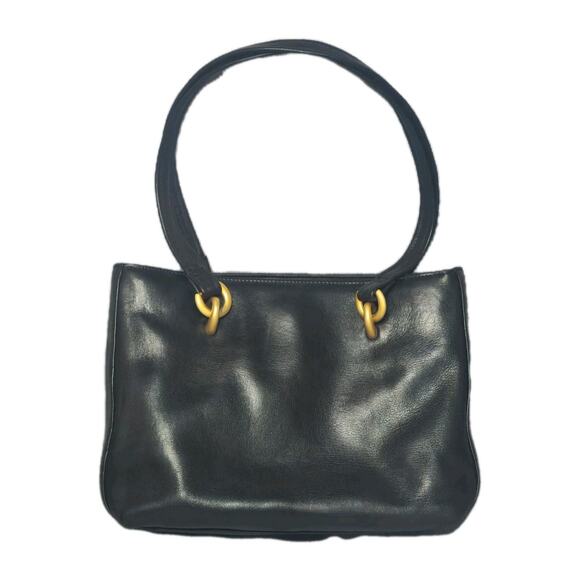 Vintage Tignanello Shoulder Bag Black Smooth All Leather Gold Ring Accents Chic - Picture 2 of 9